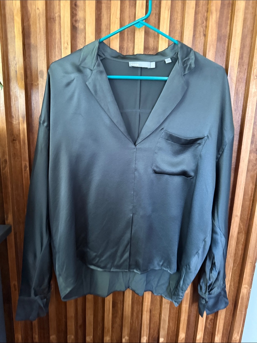 VINCE 100% Silk Satin Pajama Popover Casual Top Oversized Metal Blue. S